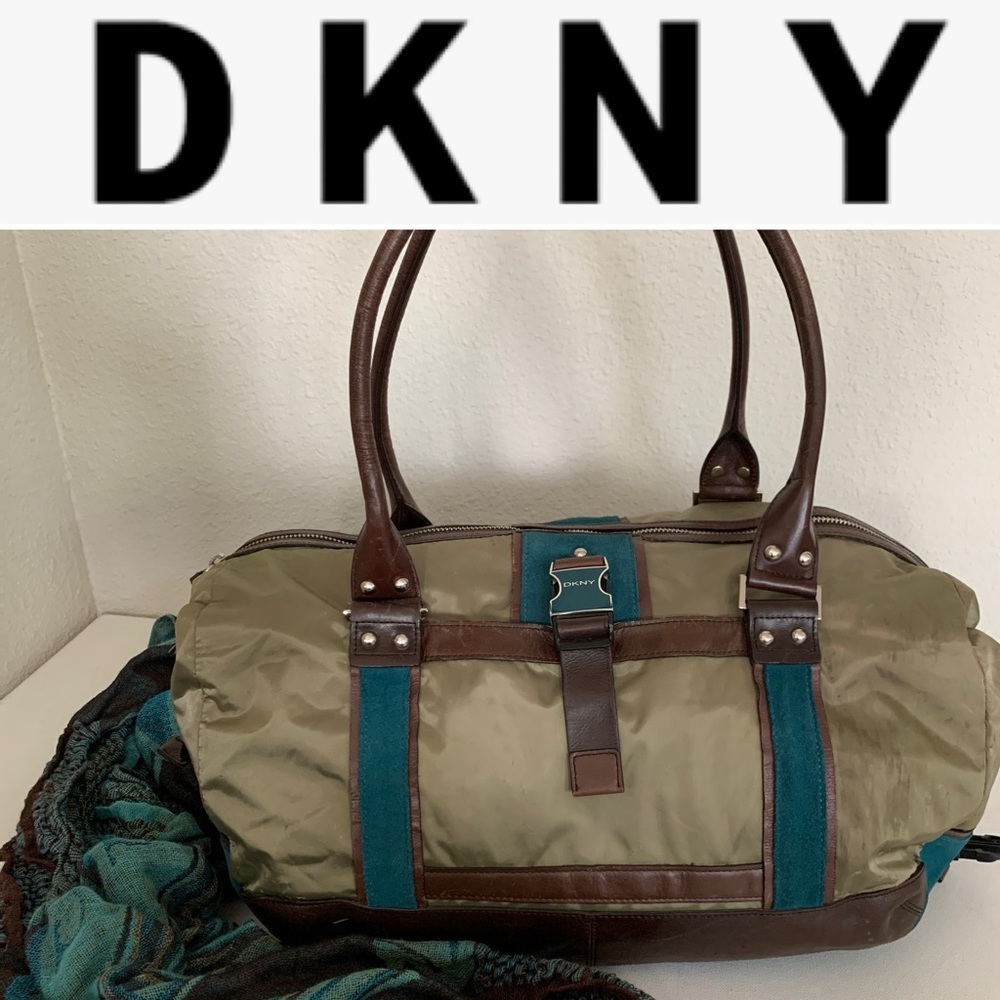 VTG Y2k DKNY Hobo Shoulder Bag Purse Suede Leather Satin •  Olive Green / Teal